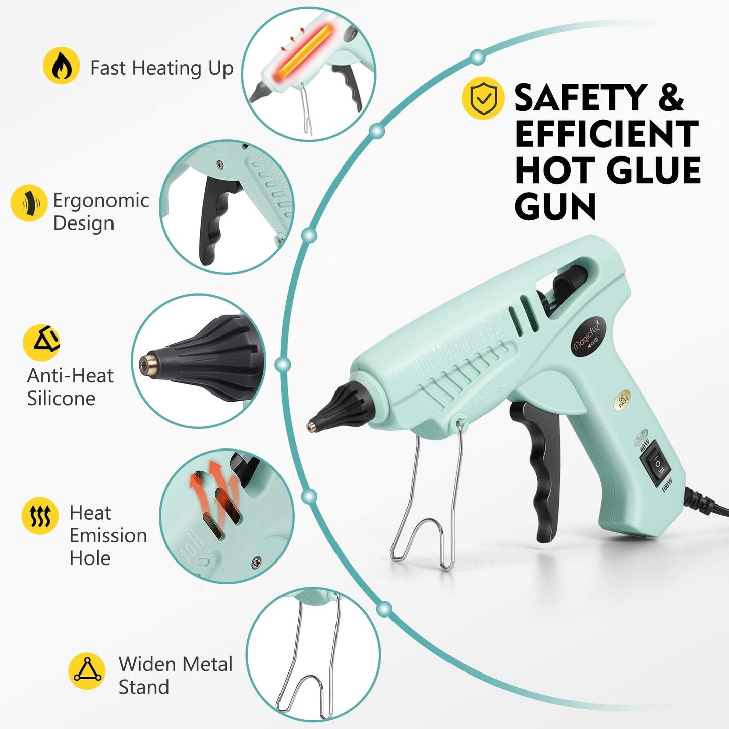 Magicfly 60/100W Hot Glue Gun Full Size with 30 Pcs Hot Glue Sticks (0.43 X 5.9 inch), Dual Power High Temp Melt Glue Gun Kit with Finger Caps, Mat for Arts Craft, Household, Green
