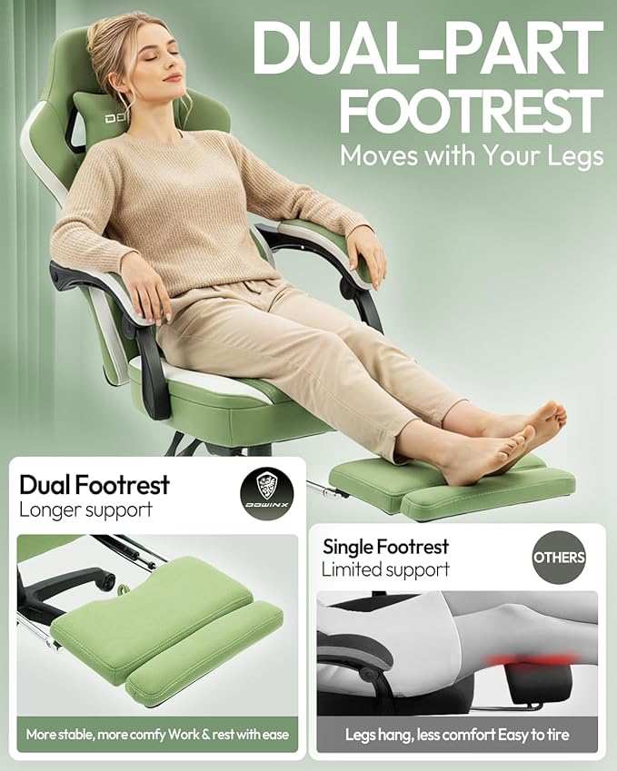 Dowinx Gaming Chair with Footrest, Breathable Fabric Gamer Chair with Gel Pad and Storage Bag, Ergonomic Office Chair with Lumbar Support for Home Task, Green