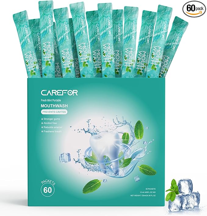 Mouthwash Travel Size Portable 60 Individual Disposable Packets to Go, Alcohol & Fluoride Free Fresh Mint Mouthwash Strips for Superior Oral Hygiene (Pack of 60)