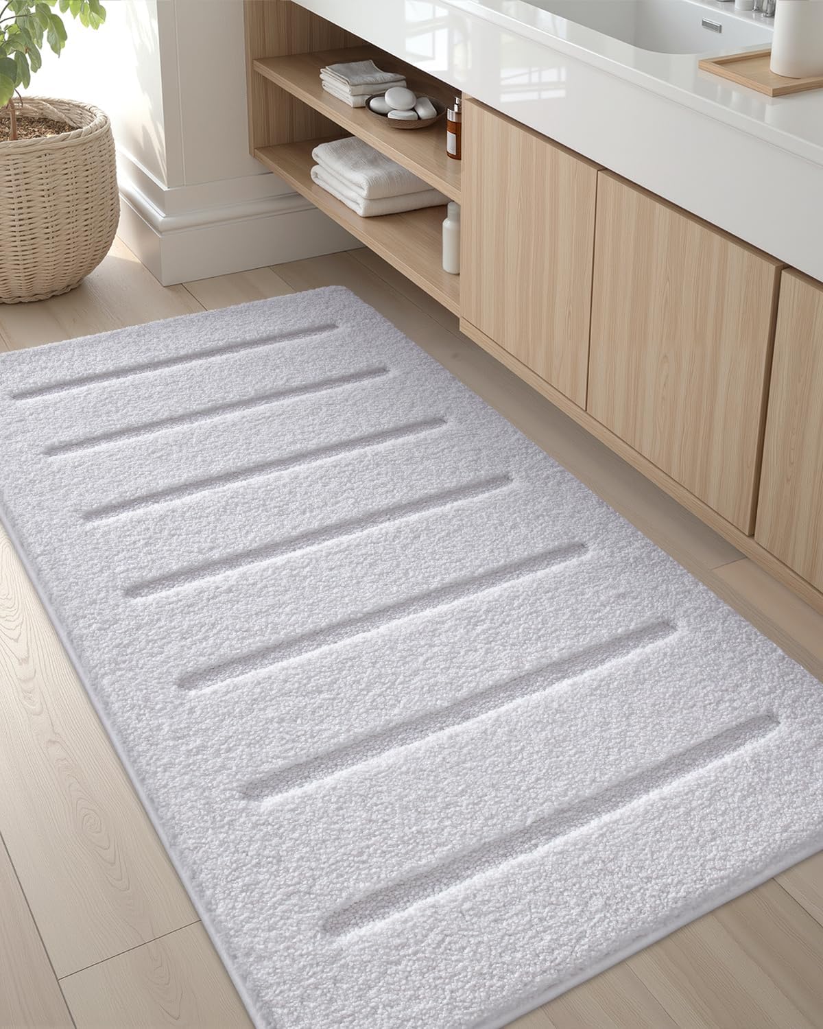 Color&Geometry Ultra Soft Plush Bathroom Rugs Non Slip Washable Bath Mat with Rubber Backing, Fluffy Absorbent Machine Carpet for Bathroom Floor, Tub and Shower, 24"x60", White
