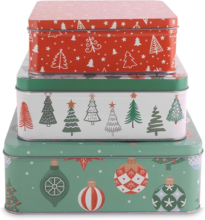 Steel Mill & Co Tin Containers with Lids, 3 Pack Christmas Cookie Tins, Festive Cookie Tins for Gift Giving & Holiday Treats, Square Metal Nesting Containers, Ornaments and Trees