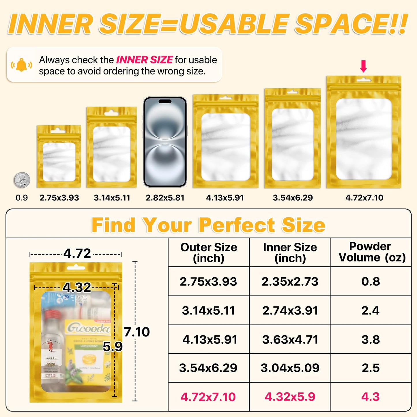 100 PCS Resealable Mylar Bags with Frosted Clear Window Smell Proof Packaging Bags Foil Pouch Zip Bag for Food Self Sealing Storage Supplies Treat Bag (Golden, 4.72x7.1)