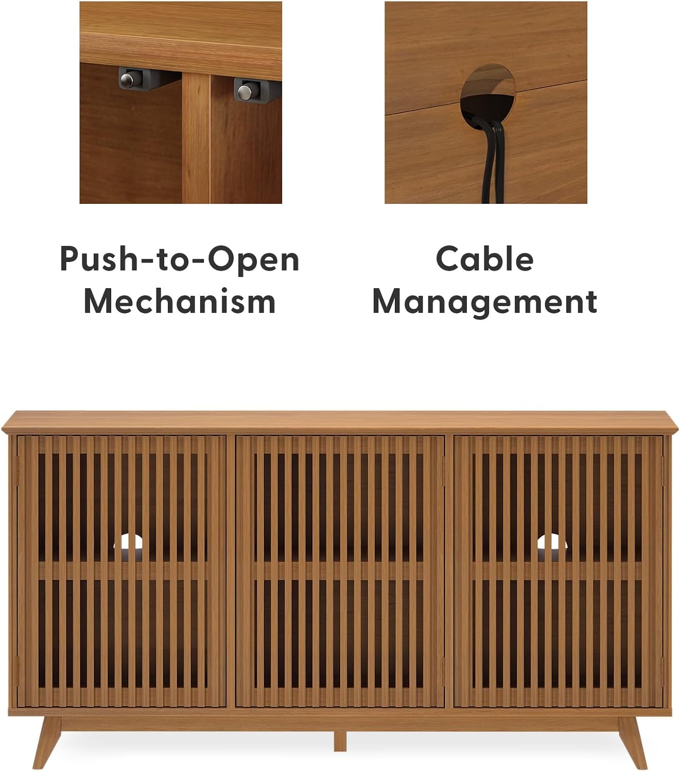 Plank+Beam Mid-Century Modern Wood TV Stand, Three Door Solid Wood Entertainment Console with Storage, 59" L x 16" W x 30" H, Pecan