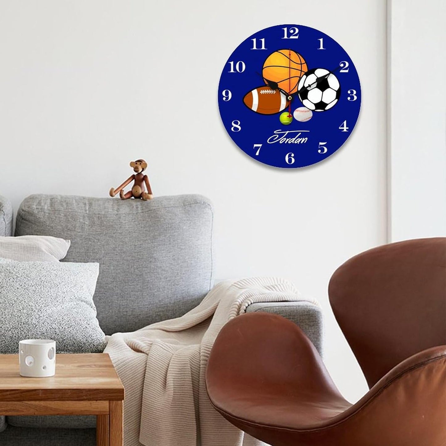 10 inch Blue Sports Ball Personalized Kids Name Wall Clocks Battery Operated for Kids Bedrooms Nursery School Playroom Decor,Custom Kids Name Wall Clock,Sports Decor Wood Round Clock Silent