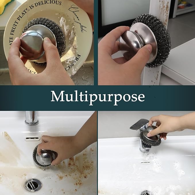 Stainless Steel Wool Scrubber Set, 2 Handles with 4 Replacement Pads, for Pots Pans Grills