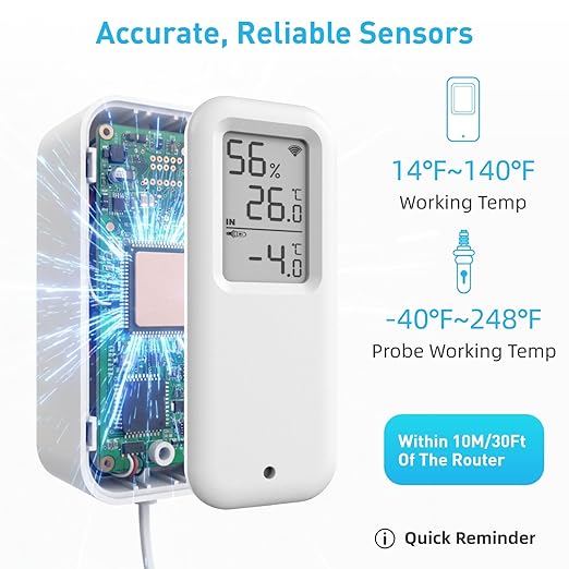 Daytech Freezer Thermometer with Room Thermometer and Freezer Alarm 2in1 WiFi Temperature Sensor with App and Email Alerts for Fridge Fish Tank Pet Cage Wine Cellar Greenhouse 1 Pack (No Hub Required)