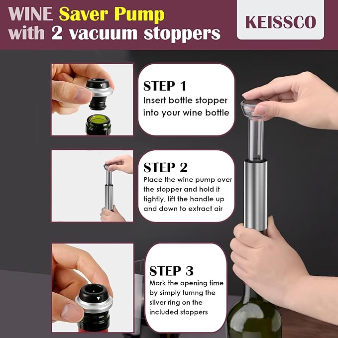 Stainless Steel Wine Opener Set - Compact Vertical Corkscrew Wine Bottle Opener Gift Set with Foil Cutter, Aerator Pourer, Vacuum Pump and 2 Wine Stoppers, Wine Gift Set for Home Party Bar