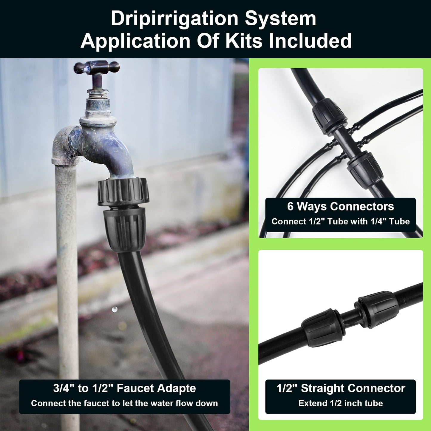 letesult 50FT 1/2 Inch Drip Irrigation Tubing Main Line Hose Tube, Drip Line Irrigation System Includes 2pcs 6-Way Connector & 1/2" Straight Connector & 3/4" to 1/2" Faucet Adapter for Garden Watering