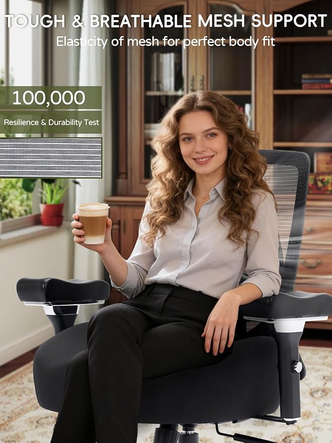 Office Chair 500lbs, Ergonomic Desk Chair with W-Shaped Thick Seat Cushion & 4D Armrest, Executive Mesh Desk Chair with Adjustable Lumbar Support, Swivel Task Chairs for Home Office Gaming, Black