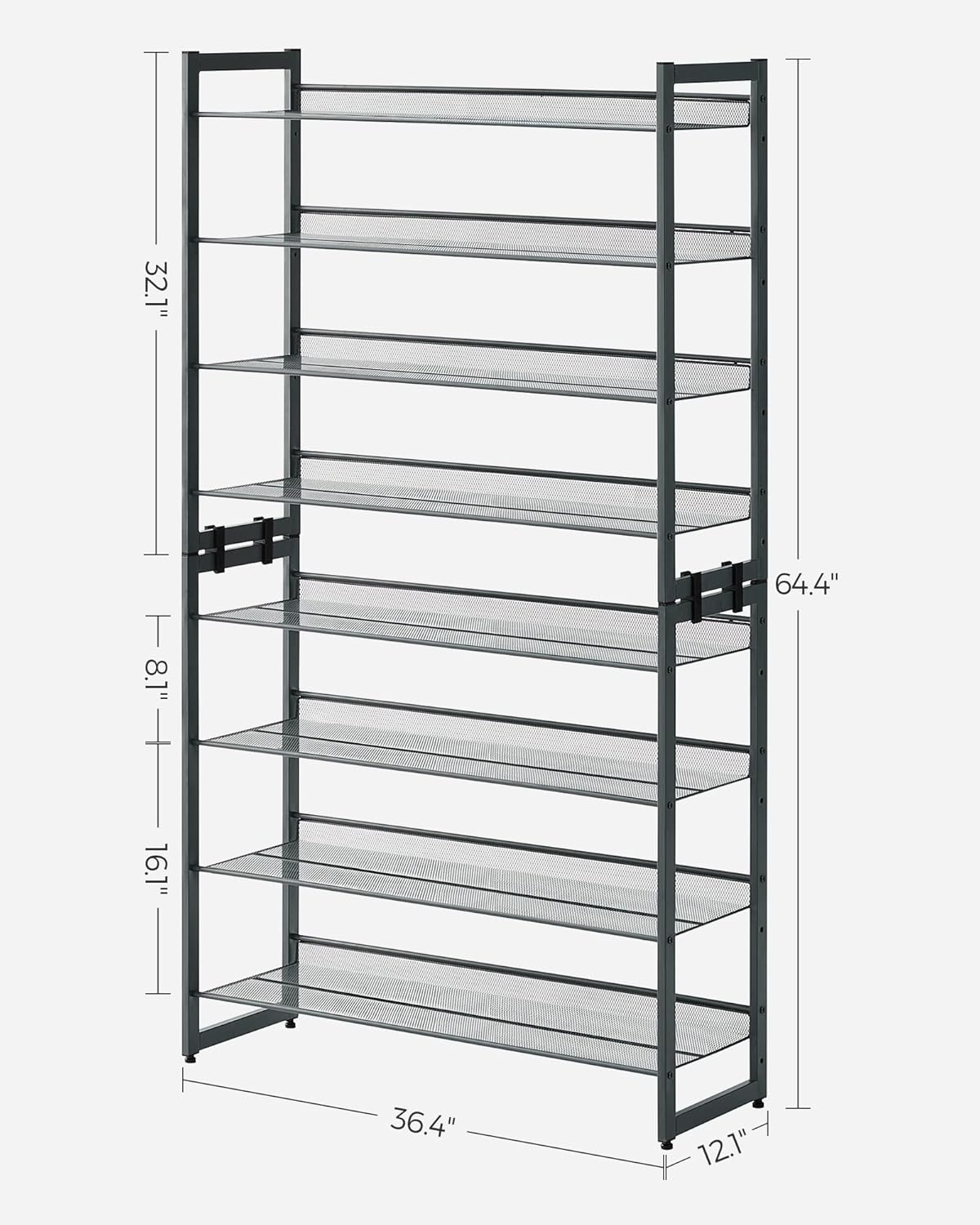 SONGMICS Shoe Rack, 8-Tier Shoe Organizer, Metal Rack for Garage, Set of 2, 4-Tier Stackable Shelf, with Adjustable Flat or Angled Shelves, 32-40 Pairs, Charcoal Gray ULMR08GB