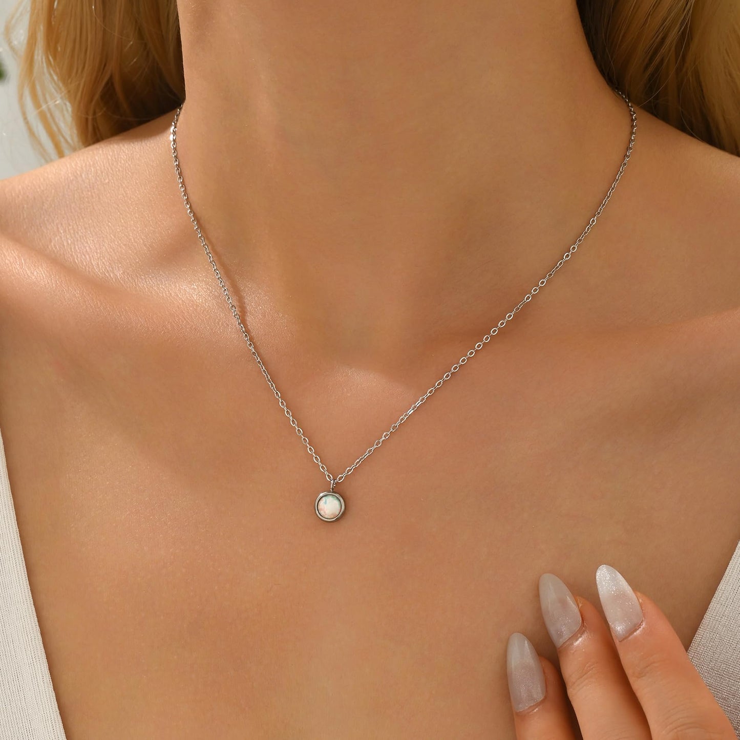 NONAMOIS Stainless Steel White Opal Pendant Necklace for Women Dainty Created Opal Choker Necklace Trendy Non Tarnish Jewelry Gifts
