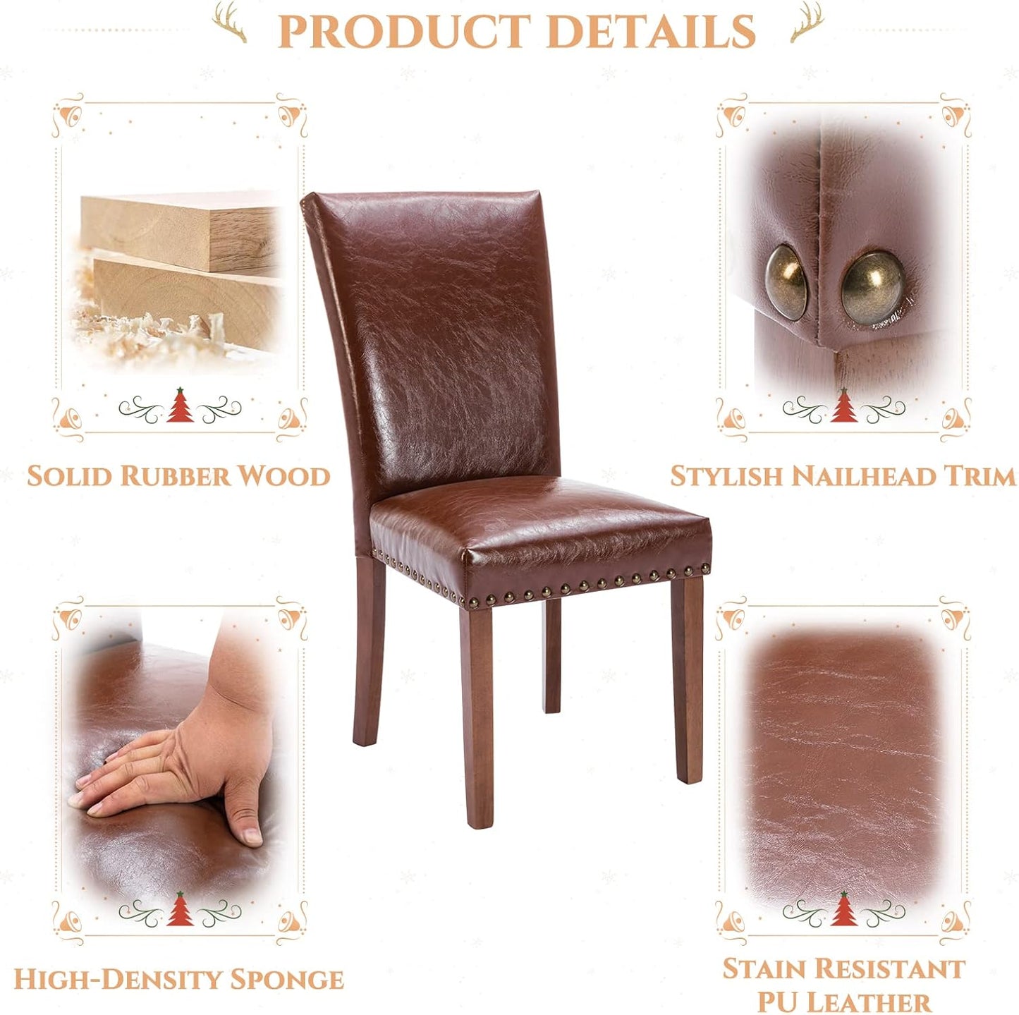 Parsons Dining Chairs Set of 6, Upholstered Nailhead PU Leather Dining Room Kitchen Side Chair with Thick Cushions and Wood Legs, Light Brown