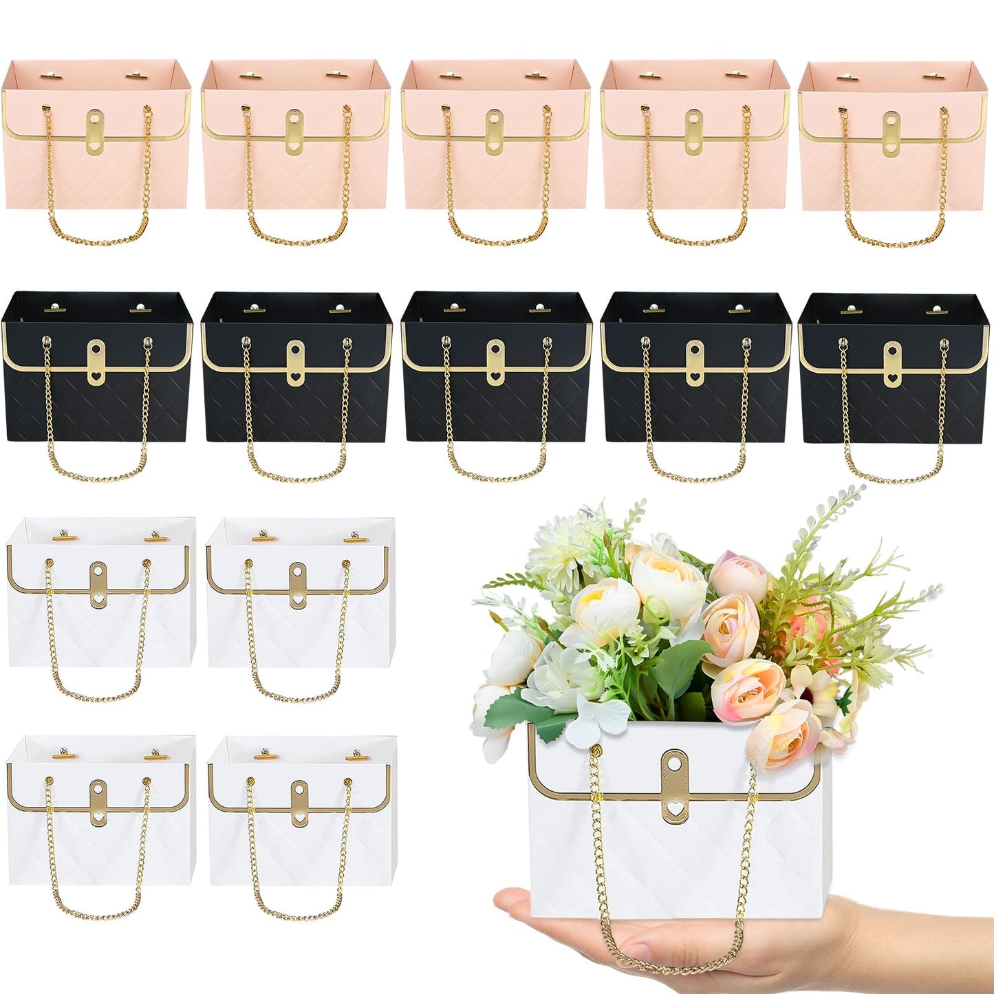 VAIPI 15 Pcs Flower Paper Gift Box with Metal Chain Flower Paper Gift Bags Flowers Bouquet Storage Bucket Florist Bag Floral Wrap Box for Valentines Mothers Day Wedding Party Supplies