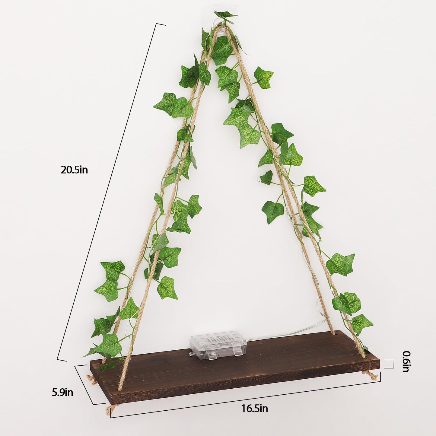 JOLAIQIAN Floating Shelves for Wall, Hanging Shelves with Artificial Ivy LED String Light, No Drilling Hanging Shelf, Wood Hanging Plant Shelves for Wall Décor, Boho Decor, Art Bedroom, Set of 2