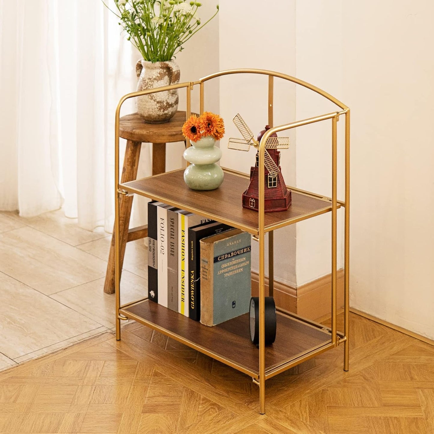 Crofy No Assembly Folding Bookshelf for Living Room, 2 Tier Gold Collapsible Book Shelf for Home Office, Portable Bookcase Storage Organizer