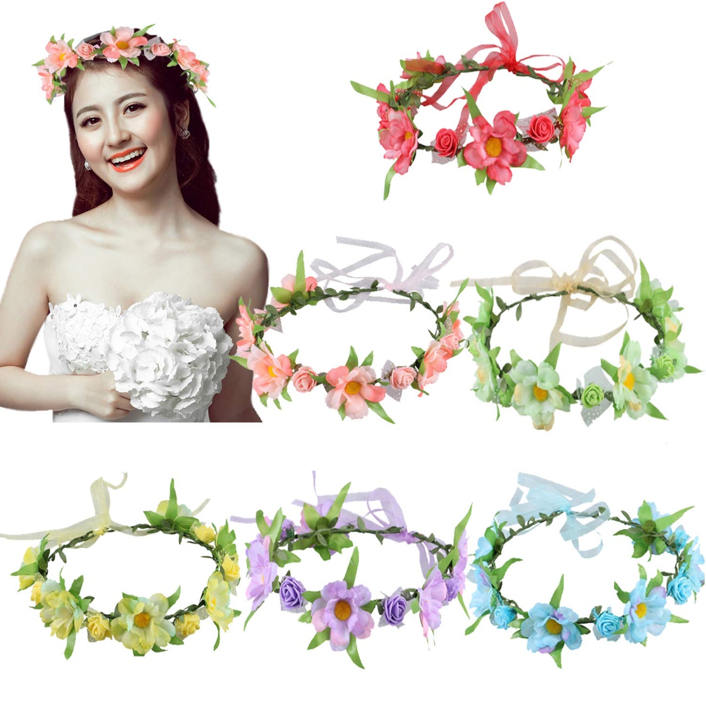 CellElection 6Pcs Adjustable Boho Flower Crowns with Elastic Ribbon Floral Headbands Garland Bridal Bridesmaid Women Girls Teens Kids Headpiece for Hawaiian Party Wedding Beach Festival
