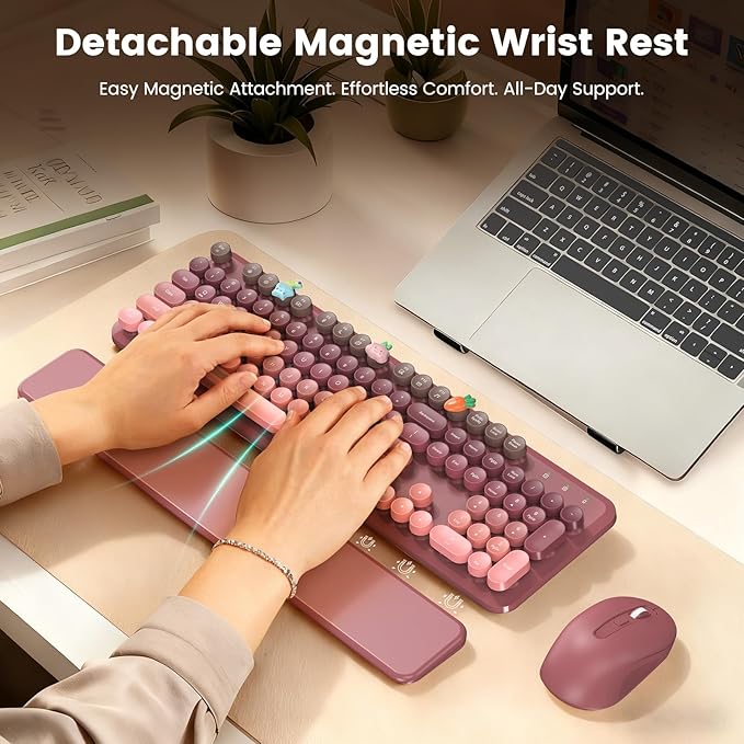 Wireless Keyboard and Mouse Combo, Cute Retro Typewriter Keyboard with Round Keycaps, Full-Size Aesthetic Keyboard with Magnetic Wrist Rest, 2.4GHz USB for Windows/Mac Desktop Laptop (Pink Gradient)