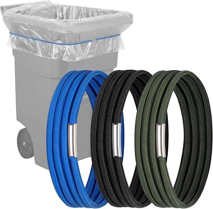 Large Rubber Bands Set of 3, Fits 55, 65, 96 Gallon Trash Cans, Trash Can Bands for Large Bags, Durable Kitchen Garbage Bag Straps, Heavy Duty Elastic Bands in Black, Blue and Olive Green