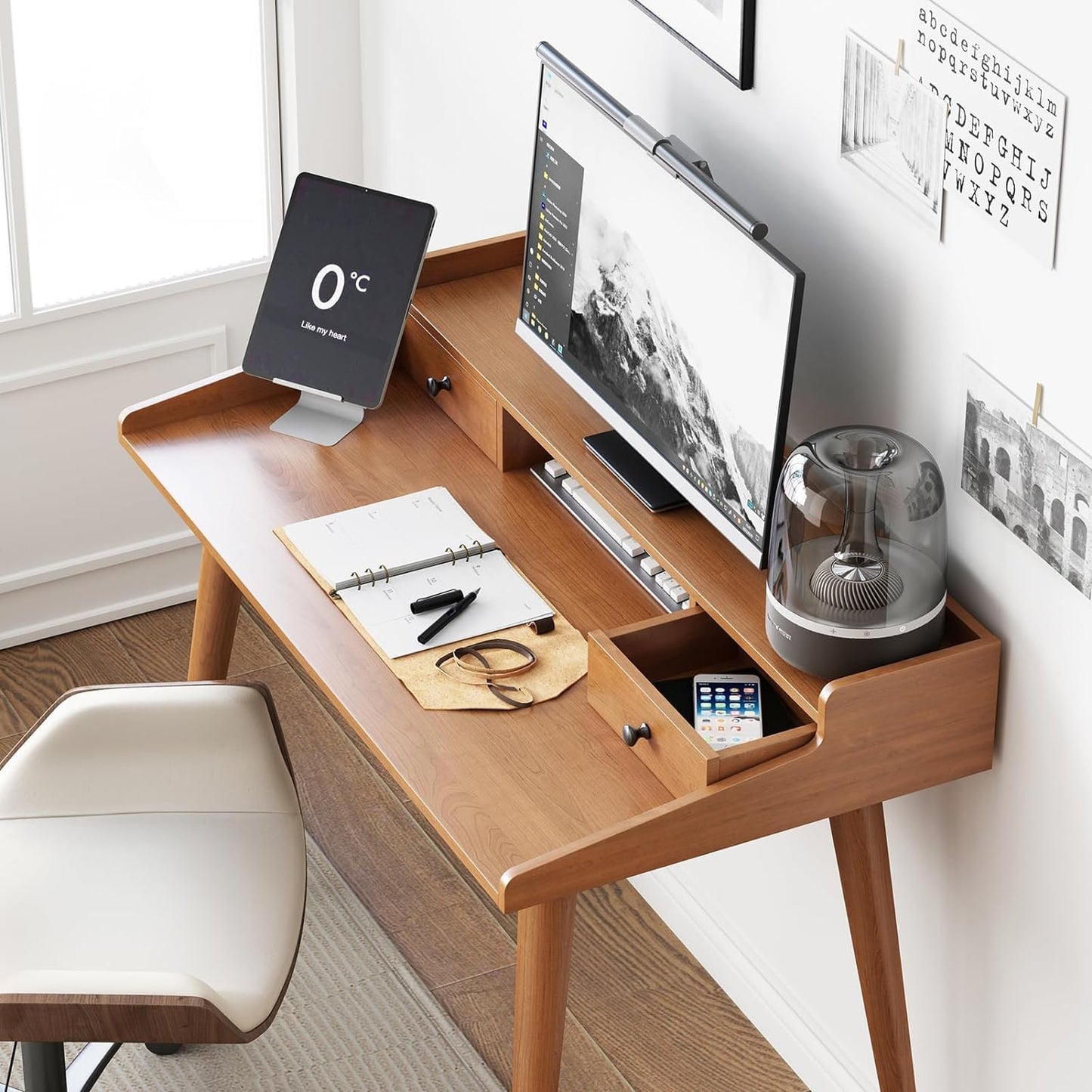 Mid Century Modern Desk, 41" Wood Home Office Writing Computer or Laptop Desk with Monitor Stand Riser and Open Storage Cubby, Vanity Desk with 2 Drawers