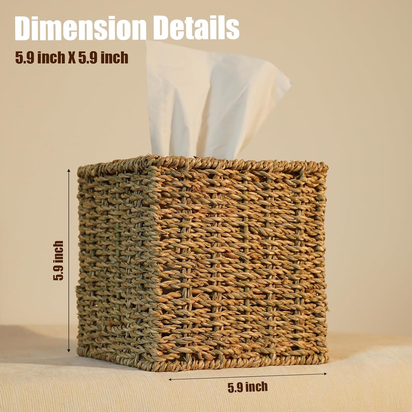 Set of 2 Seagrass Handwoven Wicker Tissue Box Cover, Natural Handmade Napkin Box Holder, Handcrafted Square Facial Tissue Holder for Bathroom, Rustic Decorative on Table and Bathroom,Boho Decorative