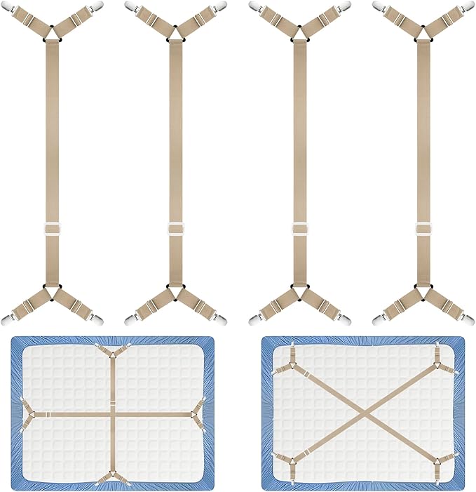 Morcheiong Bed Sheet Fasteners Straps - 4 Pack Adjustable Bed Sheet Holder Strap for Bedding Stays Bedsheet Tie Downs - Khaki/Brown