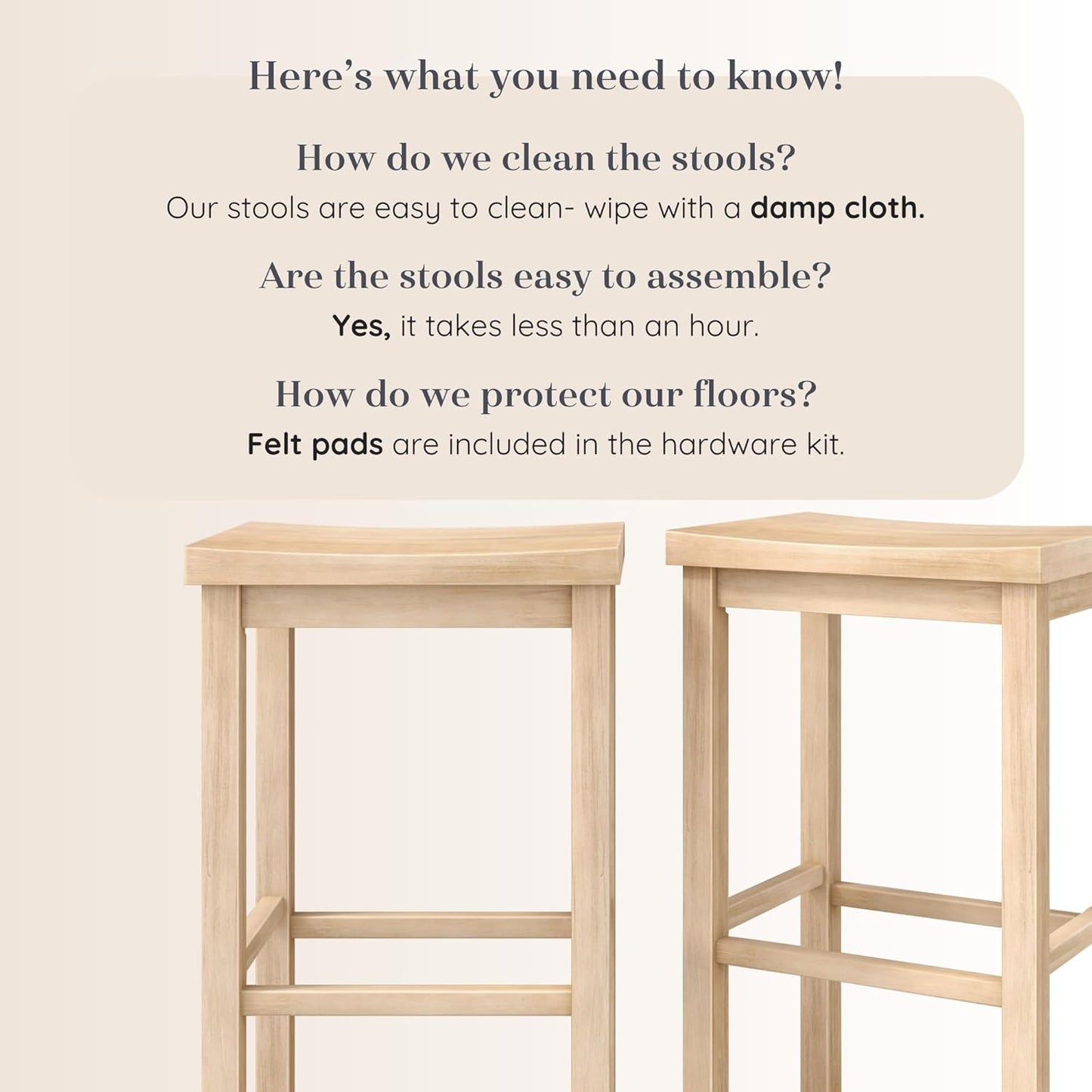 Grain & Grove Smith Collection Set of 2 Solid Wood Bar Stools, 30 inch Saddle-Seat Bar Chairs, Backless, Heavy-Duty Construction, Footrest Support, for Kitchen Islands, Home Bars, and Counters, Blonde