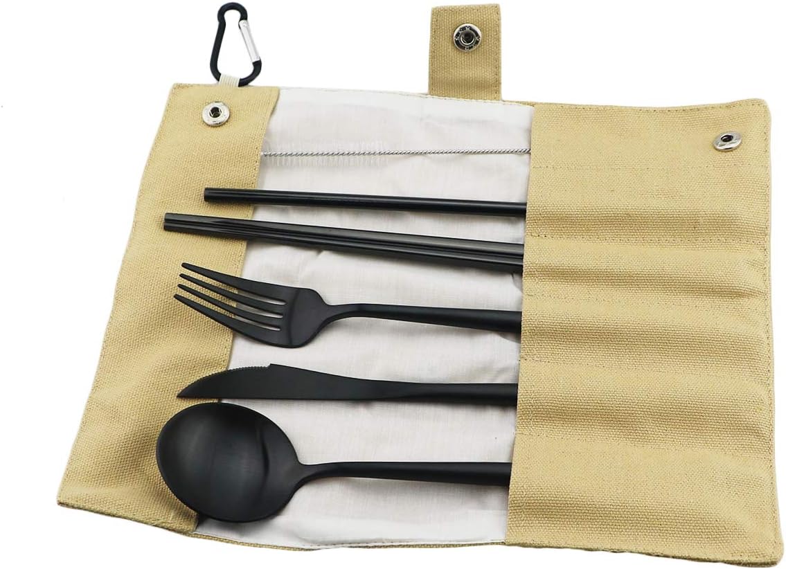 Gugrida Luxury Black Matte Portable 18/10 Stainless Steel Travel Flatware Sets of 7 Portable Camping Cutlery Set, Healthy & Eco-Friendly Flatware Set with Carrying Case for Travel or Camping