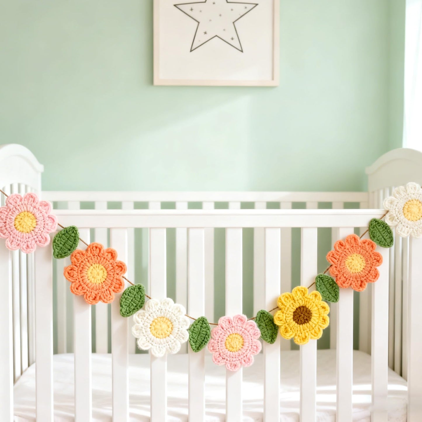OBBOLO Handmade Crochet Flower Garland, Felt Flower Garland for Girl Nursery Decor, Daisy Garland for Birthday Party, Boho Room Wall Hanging Decoration, Girl 1st Birthday Decor