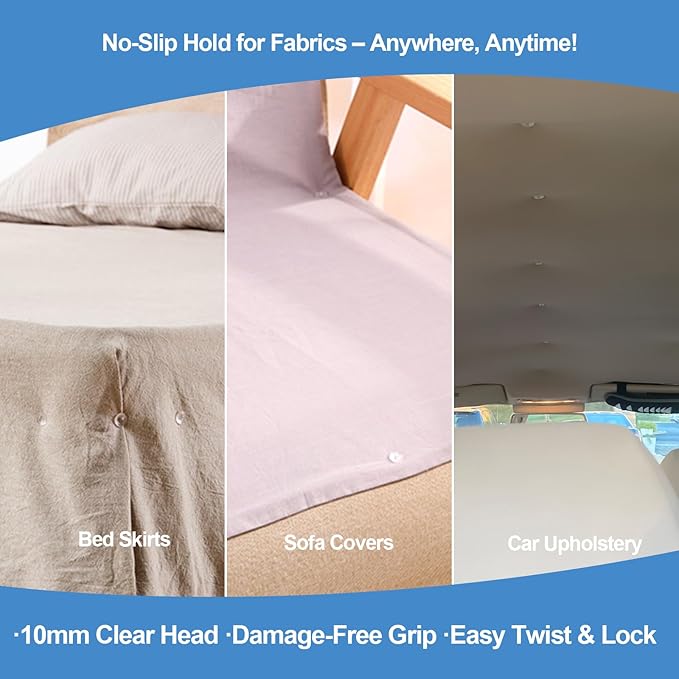 50Pcs Bed Skirt Pins, 10mm Clear Head Twist Pins for Sofa Covers, Upholstery, & Fabric – No-Slip Furniture Fasteners for Sheets, Car Interiors, Garage Insulation