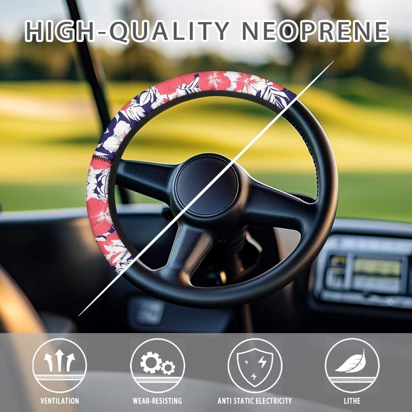Tropical Hibiscus Golf Cart Steering Wheel Covers, 13-14 Inch, Multicolor, Polyester, Universal Fit