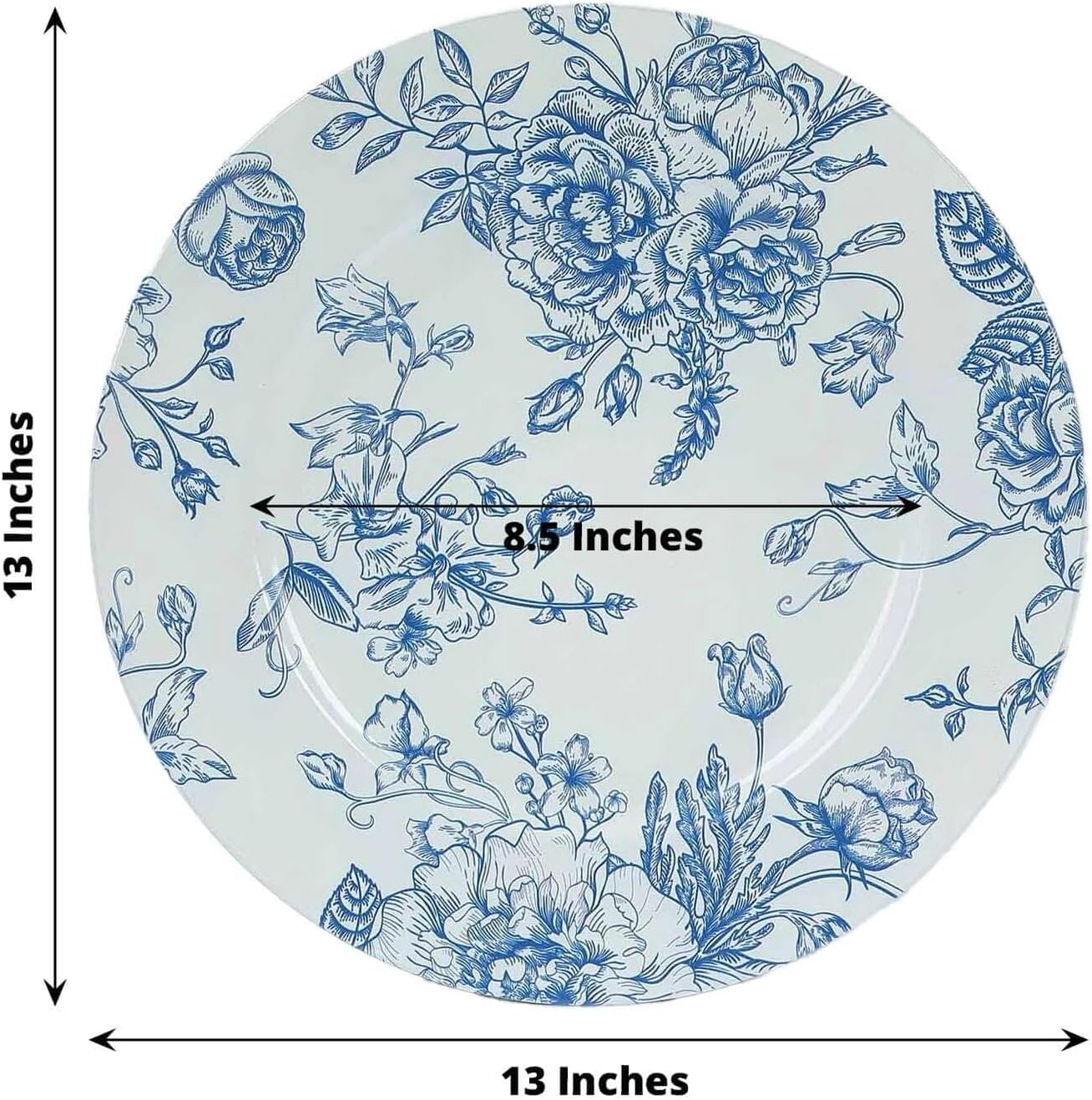Efavormart 6 Pack White Blue Floral Acrylic Charger Plates in French Toile Pattern, Round Dinner Charger Event Tabletop Decor - 13"