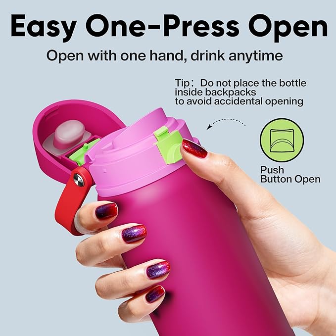 Insulated Water Bottle with Straw - Encool Stainless Steel Water Bottle with Push Button Lid, Leak-Proof & BPA-Free, Keeps Cold for 24 Hours for Sports, Travel, Gym (32 oz, Cerise Pink)
