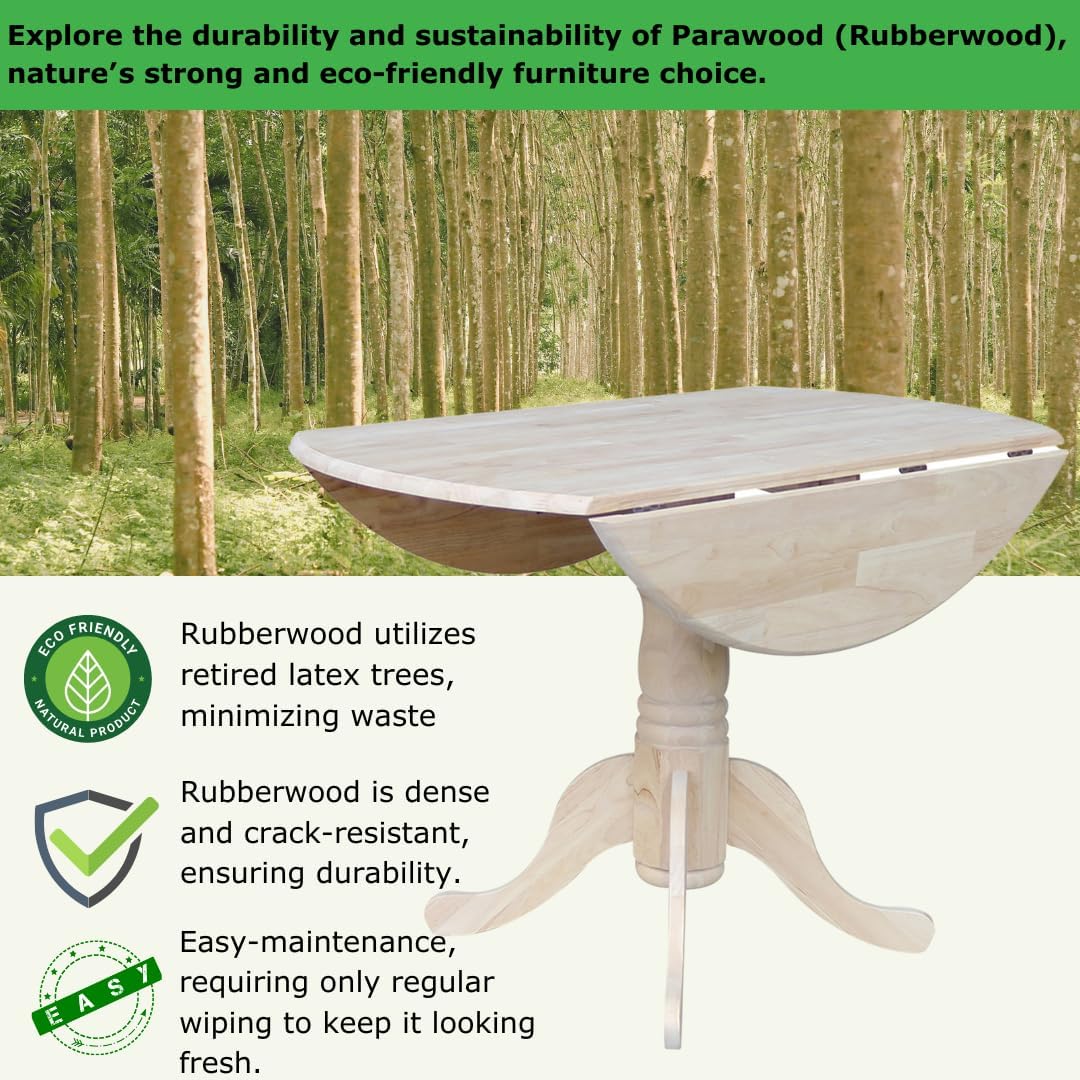 IC International Concepts, Round Dual Drop Leaf Pedestal Dining Table, Solid Real Wood, Sturdy Parawood, Dimensions 42"D x 42"W x 29.5"H, 40lbs Capacity, Paint/Stain Ready, Unfinished