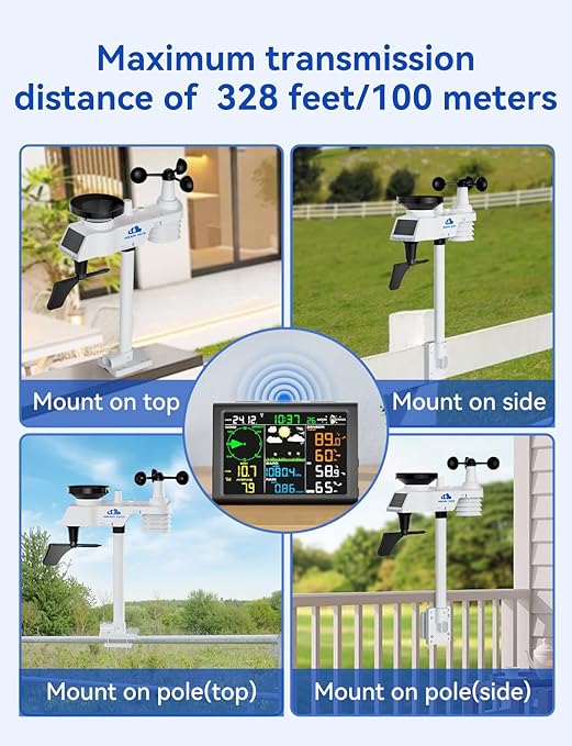 10-in-1 Wireless Weather Station with Dual Display, Outdoor Sensor, Rain Gauge, Atomic Clock, Wind Speed, Indoor Temp/Humidity, Barometric Pressure,etc (No WiFi)