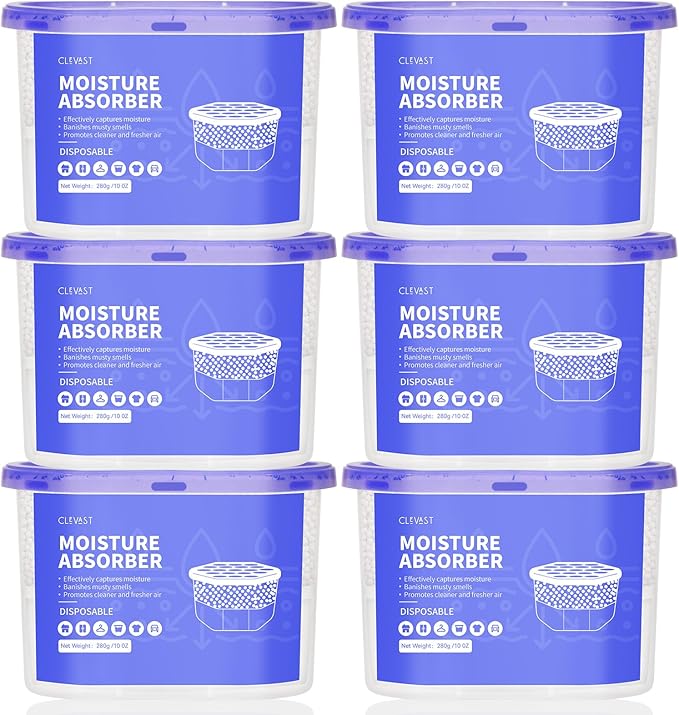 CLEVAST Moisture Absorber Boxes 6 Pack, 10 Oz Dehumidifier for Closet & Bathroom, Humidity Absorber for Wardrobe, Bedroom, RV & Car, Fragrance-Free Moisture Control