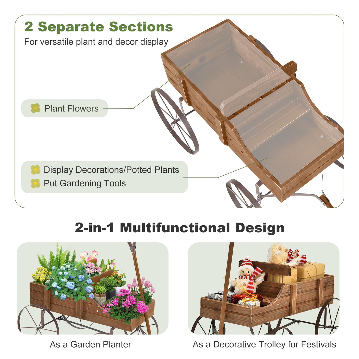 HAPPYGRILL Wooden Wagon Planter, 24.5” x 13.5” x 24” Decorative Garden Planter w/ 2 Planting Sections, Wheels, Handle, Small Decorated Cart, Flower Planter Box for Indoor Outdoor Patio (Brown)