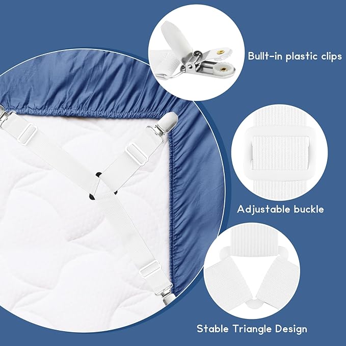 CHRORINE Bed Sheet Holder Straps Adjustable Sheet Fasteners Clips Keep Bedding Stays in Place, 2 Pcs/Set, White