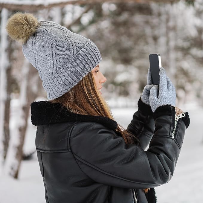 SATINIOR 5 Pcs Winter Hat Scarf Gloves Set Fleece Warm Lined Knit Beanie Hat Touch Screen Earmuff Gloves Warmer for Women(Grey,Stylish Style)