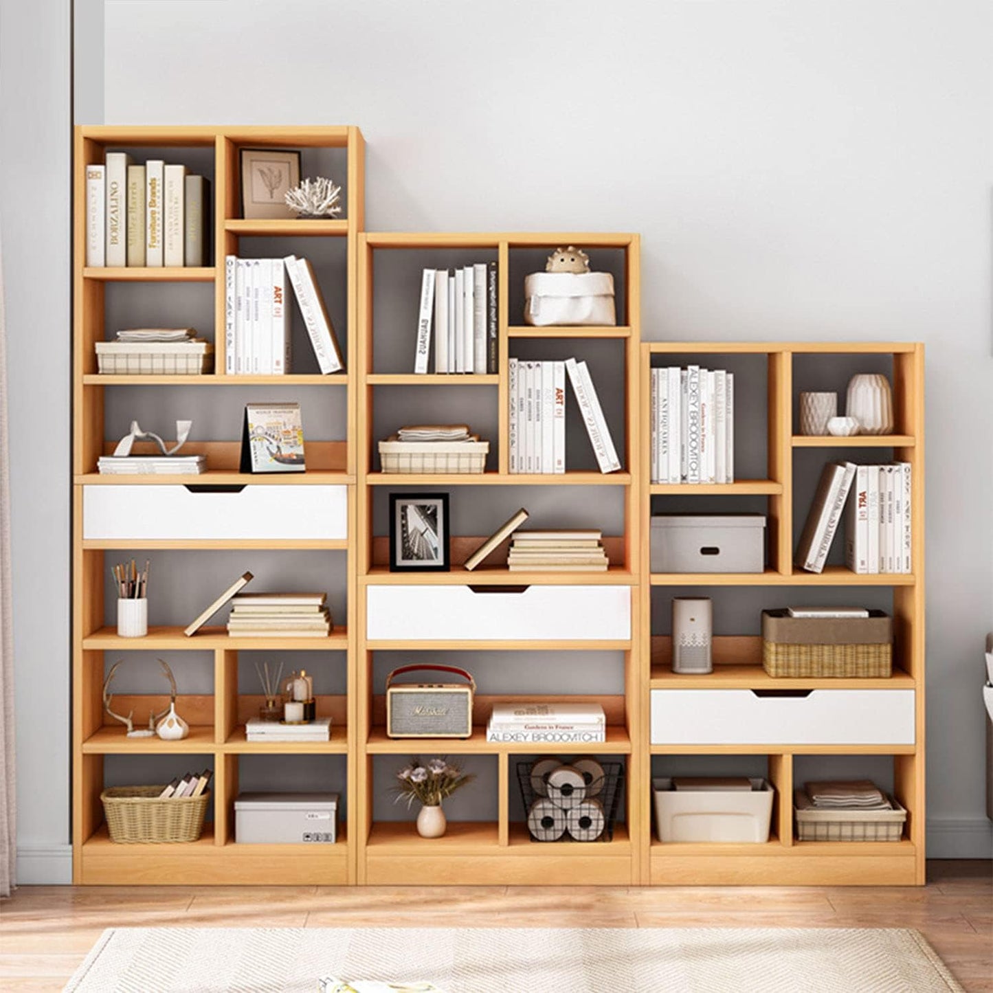 IOTXY Wooden Open Shelf Bookcase - 71 Inches Tall Freestanding Display Storage Cabinet Organizer with 10 Cubes and a Drawer, Floor Standing Bookshelf in Maple Yellow