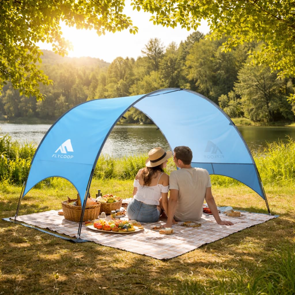 Flycoop 2026 Upgraded Beach Umbrella Canopy with UPF 50+ UV Protection – Portable Beach Tent for Sun, 360° Ventilation, 4 Sandbags, Dual Pockets, Stakes & Ropes, 90.5*59*53 inch for 3 People