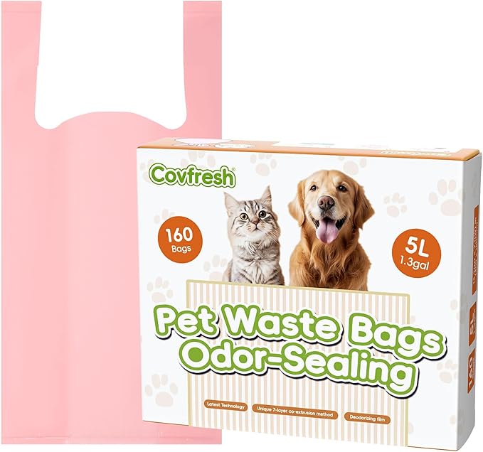 Odor-Sealing Dog Poop Bags with Handles 160 Count Pet Waste Bags, Large Capacity & Unscented Poop Bags for Dogs or Cat Litter, Conceals Smell & Mess (White)