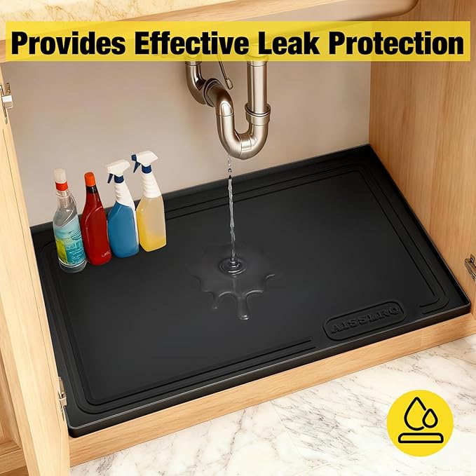 Under Sink Mat 28" X 19", Waterproof Silicone Under Sink Mats for Kitchen, Anti-Leak Shelf Liner & Cabinet Protector with Raised Edge, [BPA Free] Bathroom Tray Home Organizer, Black