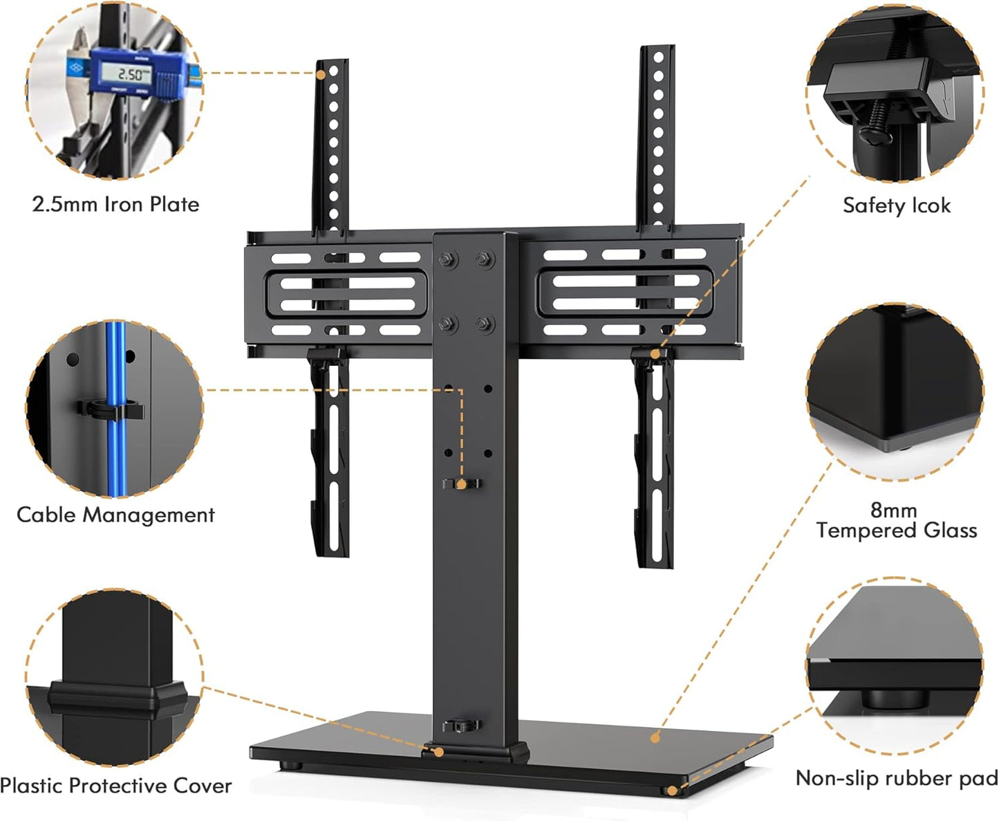 FITUEYES Universal TV Mount Stand Table Top TV Stand for 27-55 inch TVS Height Adjustable TV Stand Mount, Glass Base, Black