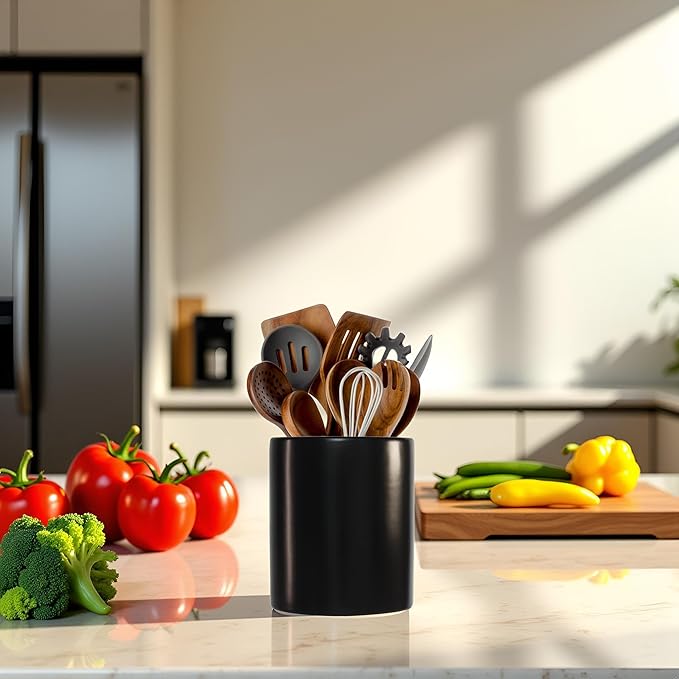 Kitchen Utensil Holder, Large Utensil Holders for Countertop,Ceramic Utensil Crock, Deep and Stable, Cooking Utensil Holder, Embossed Pattern (Black) 6.3''*5.3‘’
