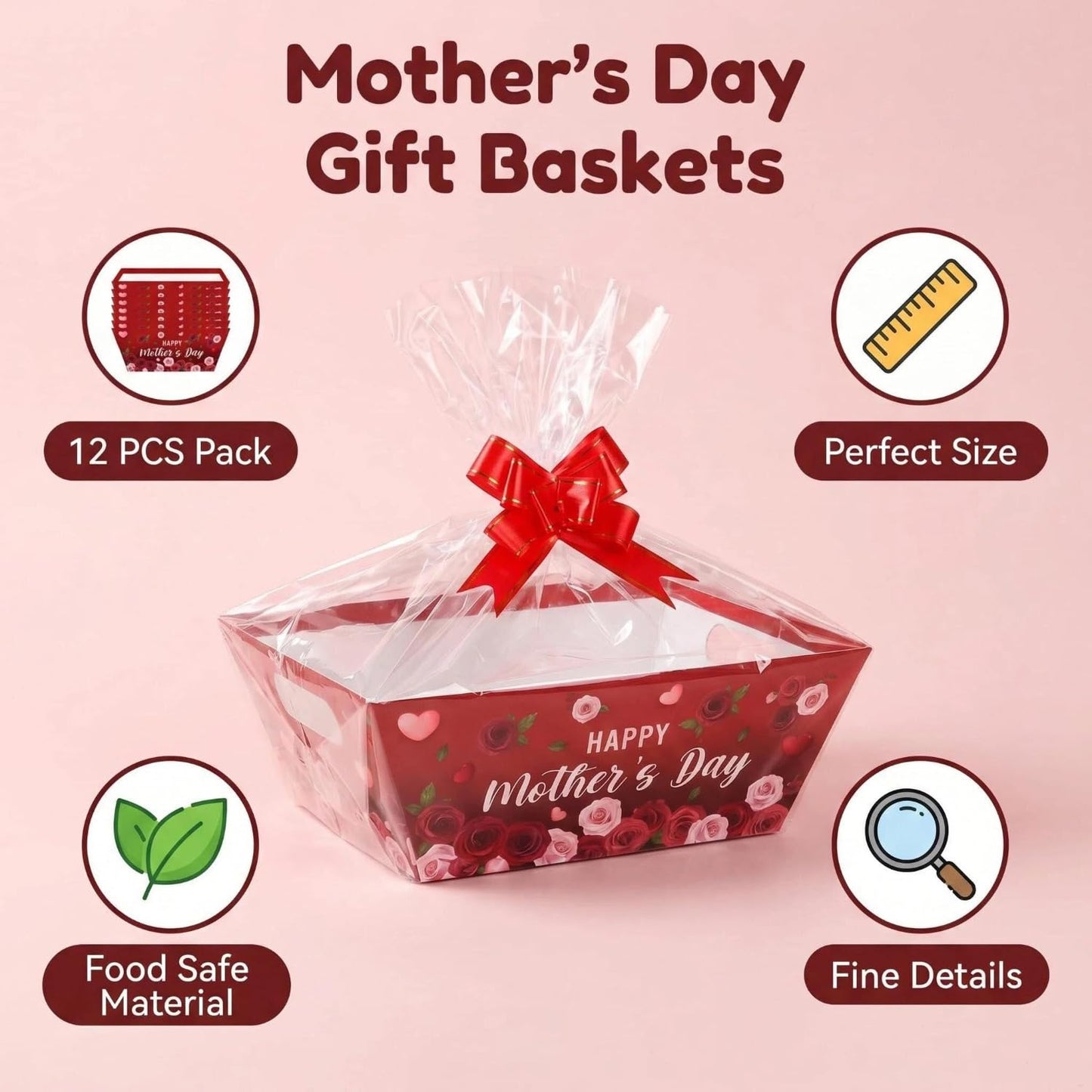 CMSSHUAI 12 Pcs Mothers Day Gift Baskets Empty to Fill Kit DIY Basket for Gifts Empty Bulk 12 Tray Favor 12 Clear Basket Bags 12 Bows for Mom Birthday Party