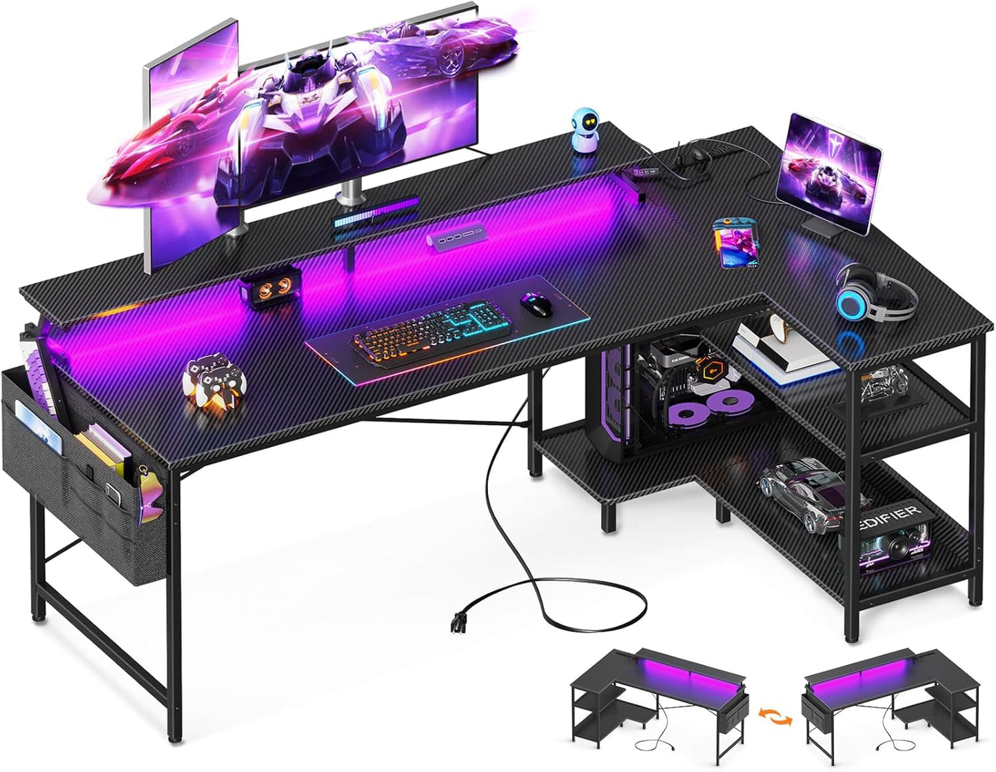 ODK 66 Inch Gaming Desk with USB Charging Ports and LED Lights, Reversible L Shaped Computer Desk with Storage Shelves & Monitor Stand, Corner Gamer Desk Table with Power Outlets, Carbon Fiber Black