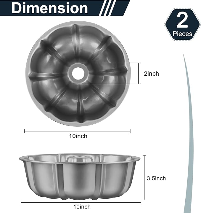 Homikit Cake Pan 10 Inch, 2 Pack Heavy Duty Carbon Steel Fluted Tube Round Pans 10 Cups for Baking Pound Cakes, Jello, Brownie, Monkey Pumpkin Bread, Oven Safe & Easy Release, Gray