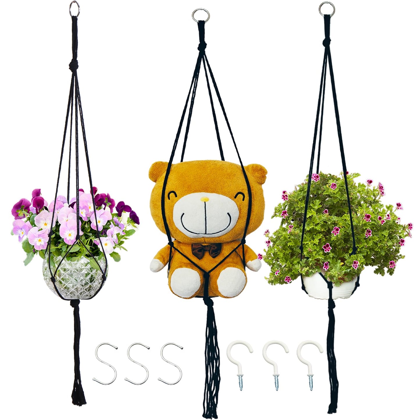 Macrame Plant Hangers Planter Flower Pots Holder 3 Pack Basket Stand Tassels with 6 Hooks Kit Cotton Rope for Decorative Indoor Outdoor Patio Garden Boho Home Décor (POTS NOT Included) (BLACK)