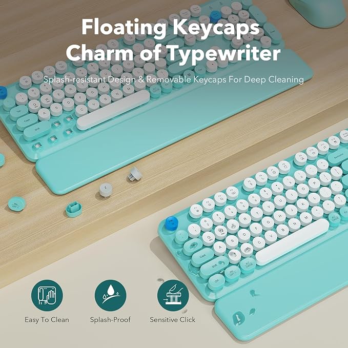 Wireless Keyboard and Mouse Combo, Full-Size Retro Typewriter Keyboard with Detachable Wrist Rest, Round Keycaps, Sleep Mode & Tilt Legs, 2.4GHz Cordless Connection for Windows/PC (Robin Egg Blue)