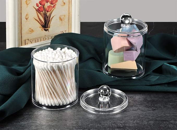 SheeChung 2 Pack Qtip Dispenser Apothecary Jars Bathroom with Labels - Qtip Holder Storage Canister Clear Plastic Acrylic Jar for Cotton Ball, Pads, Swab,Q-tips, Rounds (Small)